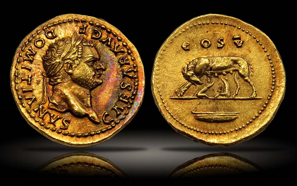 Villa della Pisanella, Boscoreale. Gold aureus of Domitian from AD 77-8. On the front is the laureate head of Domitian facing right and the inscription IMP CAESAR AVG F DOMINIANVS.
On the reverse is the inscription COS V with the iconic she-wolf and Romulus and Remus to right.
