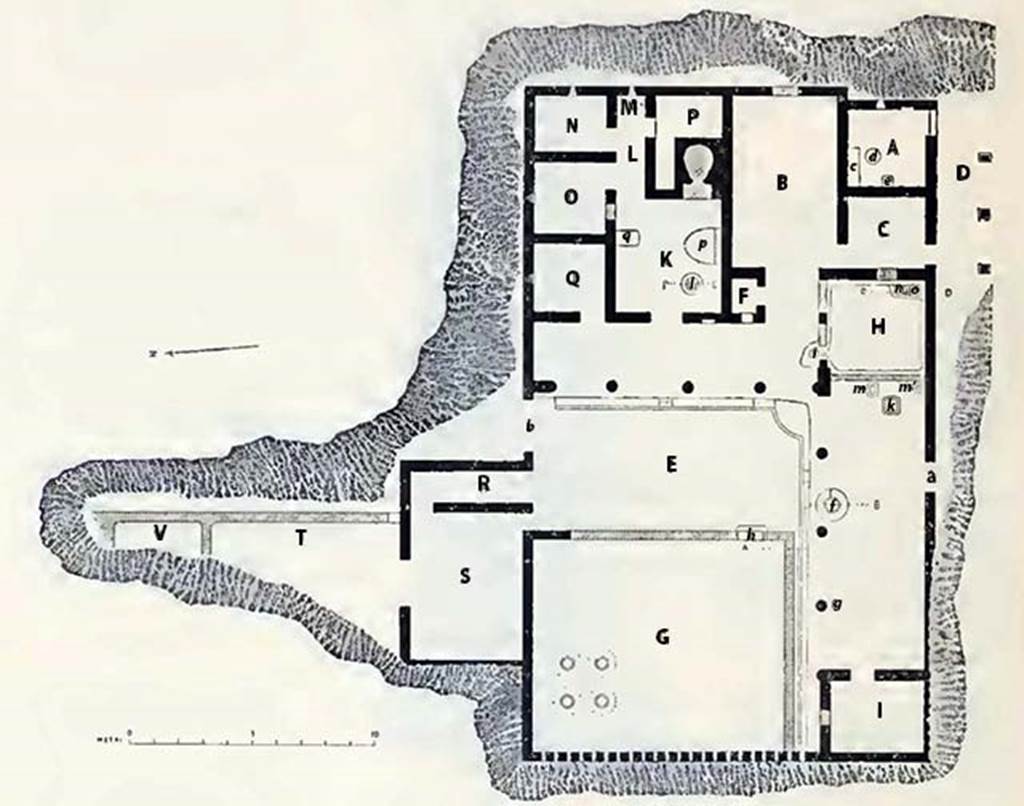 Villa rustica del fondo Ippolito Zurlo, Pompeii. 1897 plan of villa. Sig. Vincenzo De Prisco from 1st March 1897 undertook the excavation following ministerial authorisation. According to Sogliano, if by the richness and for the importance of the finds, the current excavation does not compare at all with the other excavation of De Prisco (Villa of Pisanella), nevertheless the complex of ancient buildings excavated is important for the ancient topography of the Vesuvian area and for the knowledge of ancient roman villas. Sogliano thought rooms "A-D" were undoubtedly part of the dwelling of the owner and the remaining rooms "E-V" were destined for rustic use. See Notizie degli Scavi di Antichità, 1897, p. 391-2, fig. 1.
