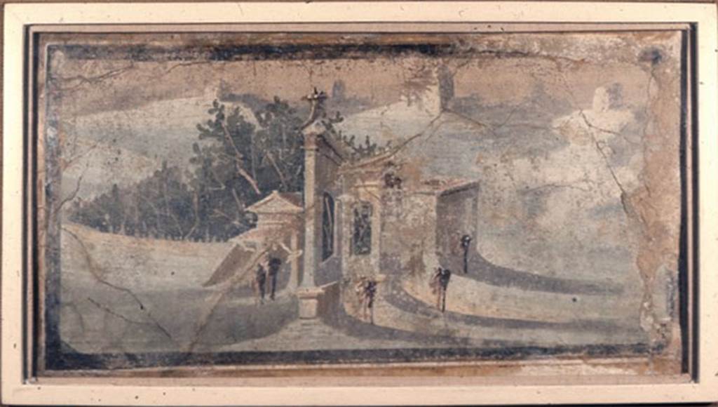 Villa rustica del fondo Ippolito Zurlo, Pompeii. Room B triclinium. North wall. 
Landscape depicting a building with a nearby walled garden.
A cornucopia is on the highest point of the building. Size 0.32m high and 0.61m wide.
Photo © Trustees of the British Museum. Inventory number 1899.2-15.3.
See Landscape with building at britishmuseum.org
See Notizie degli Scavi di Antichità, 1897, p. 394.
