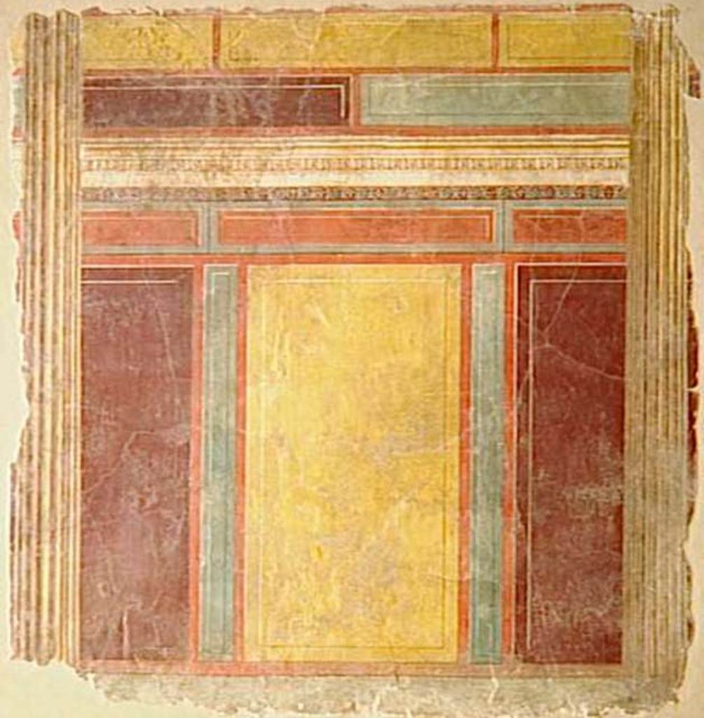 Villa of P Fannius Synistor at Boscoreale. Fauces C, east wall, architectural fresco. Now in the Louvre. Inventory number P102. According to Sambon this panel measured 1.64m high by 1.71m wide. It includes all the space between two columns of the simulated portico. Brown and yellow panels stand out on a red background, and separated by green strips. These panels are lined with coloured fillets simulating the profile. Above the panels are cornice mouldings red wine colouring on white background. Above the cornice are brown, yellow and green blocks on a red background. See Sambon A, 1903. Les Fresques de Boscoreale. Paris and Naples: Canessa. 1, p. 6.