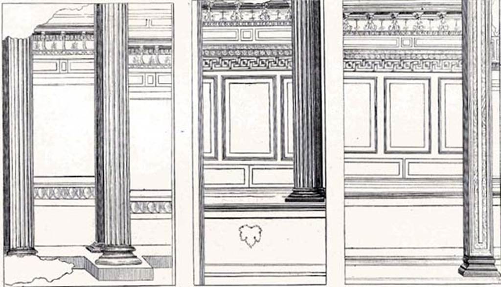 Villa of P Fannius Synistor at Boscoreale. 1903 drawing of wall painting panels.
Room F, dressing room of the summer triclinium.
Sambon describes three panels:

Left [Sambon 33]: Through a portico is double row of grooved Corinthian columns, resting on a base, we see a wall covered with large red panels bordered at the bottom by a frieze of green ovals, at the top by a multi-coloured marble embossing (green and yellow on red background) and by a cornice mouldings. Measurement: width: 1.14 m X height: 1.95.

Right [Sambon 34]: Through a row of pillars (yellow with brown inlays), one sees the back wall, panels forming and simulating the red marble with embossing. These plates are topped first by a green strip with white meanders, then a border of mouldings and then a cornice of carved caryatides; they are based on a panel of imitation granite. Measure width: 0.84 m X high. : 1.78 m.

Centre [Sambon 35]: Identical painting to 34. On the granite wainscoting, the artist placed a vine leaf at the time where he applied the solid colour so in this imitation of granite the outline of the leaf stands out vigorously. 
Measurement: width: 0.94 m X high. : 1.54 m.

See Sambon A, 1903. Les Fresques de Boscoreale. Paris and Naples: Canessa. 33-35, p. 20.
