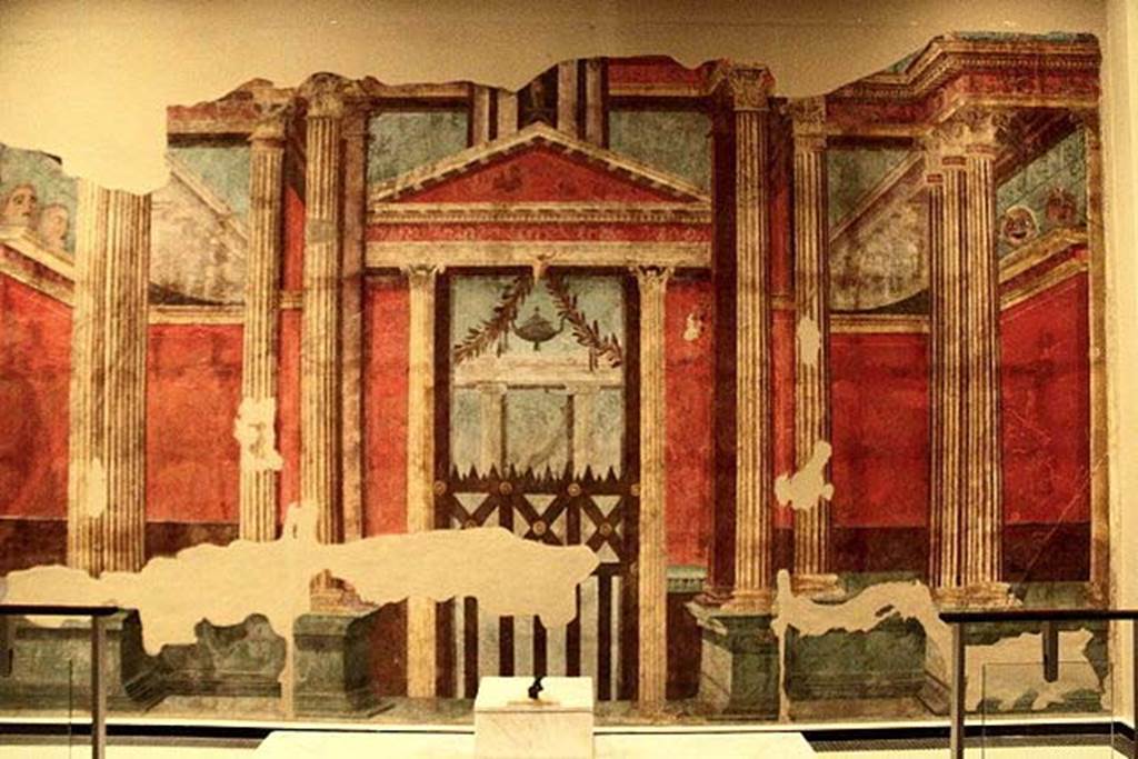 Villa of P. Fannius Synistor at Boscoreale. Room G triclinium, south wall. Wall-painting depicting a facade in front of an entrance to a peristyle. Now in the Muse Royal de Mariemont, Morlanwelz, Belgium. http://www.musee-mariemont.be/
Photo courtesy of Michel Wal, Wikimedia Commons. This photo is subject to an Attribution-ShareAlike 3.0 Unported licence.