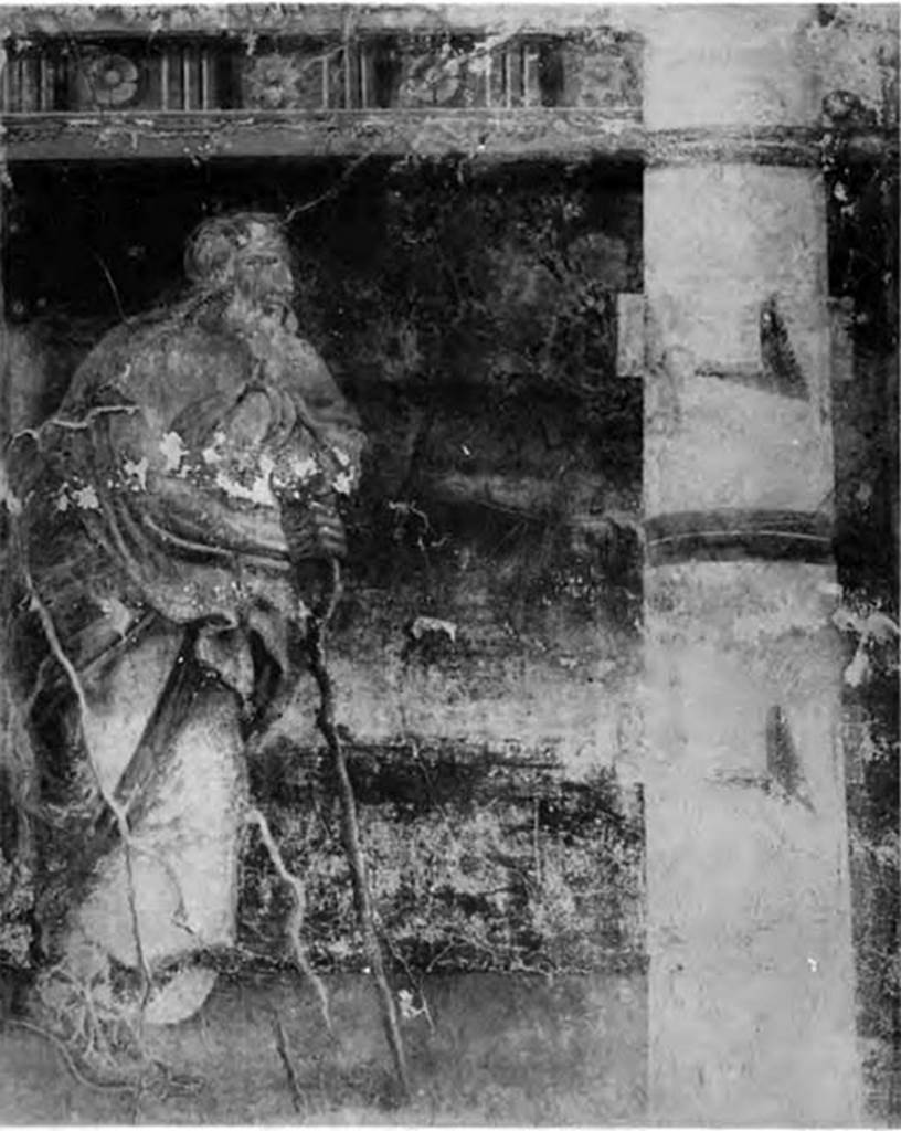 Villa of P Fannius Synistor at Boscoreale. 1900. Room H west wall, south end. Painting of an older man, a philosopher, leaning on a stick and looking towards the central panel. See Barnabei F., 1901. La villa pompeiana di P. Fannio Sinistore. Roma: Accademia dei Lincei. p. 58,Tav. VII.