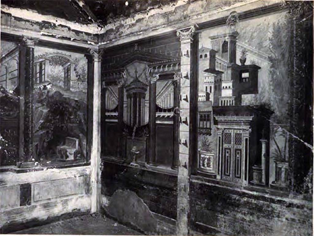 Villa of P Fannius Synistor at Boscoreale. 1900. Cubiculum M alcove, north-east corner. Note the same square column is on the east wall as was on the west, dividing the alcove and the main cubiculum. See Barnabei F., 1901. La villa pompeiana di P. Fannio Sinistore. Roma: Accademia dei Lincei. p. 72, Tav. IX. See Sambon A, 1903. Les Fresques de Boscoreale. Paris and Naples: Canessa. p. 25.