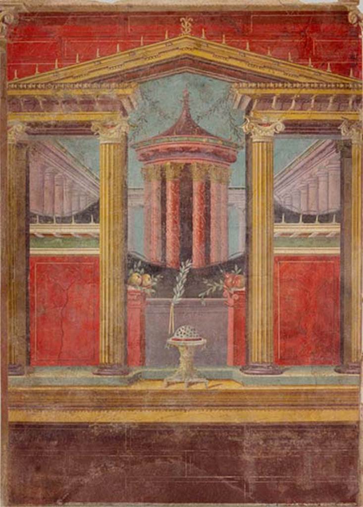 Villa of P Fannius Synistor at Boscoreale. Cubiculum M alcove. Panel with temple at east end of the alcove, the north end of the east wall. The temple scene is an analogue of the one on the west (other) end of the alcove.