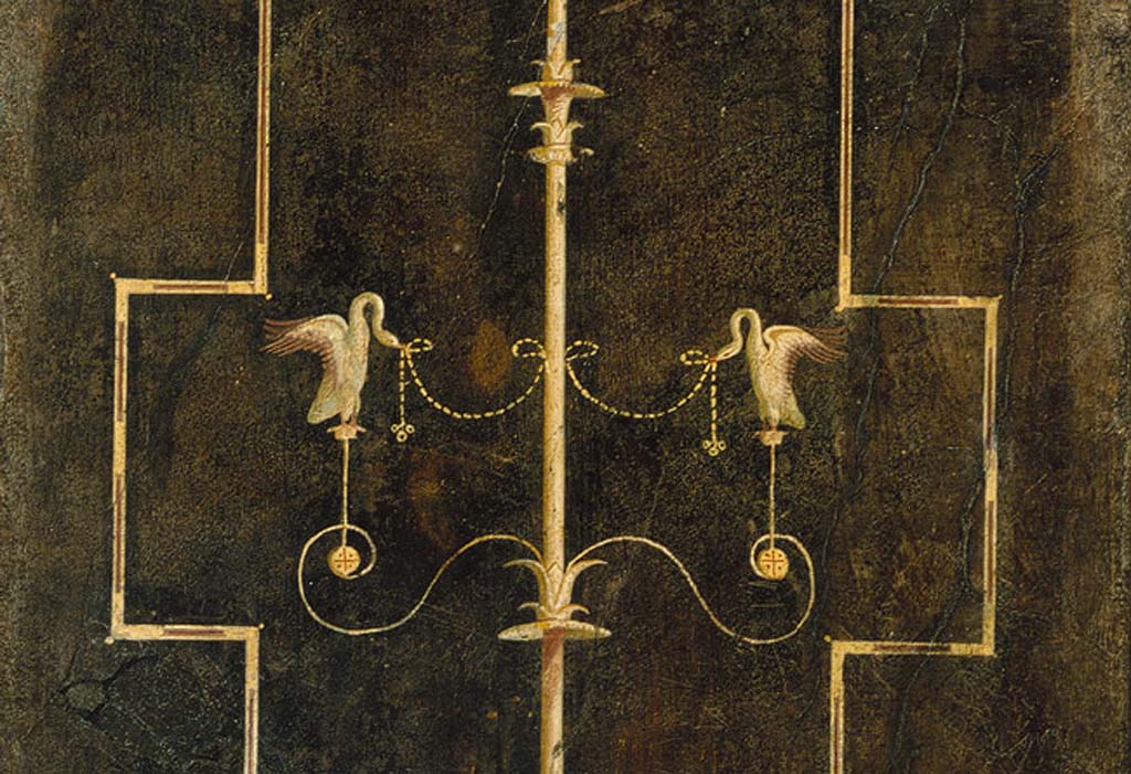 Villa of Agrippa Postumus Boscotrecase. Black room. North wall, west end side panel detail of candelabra and swans.
© Metropolitan Museum New York. Rogers Fund, 1920. Inventory number 20.192.2.
