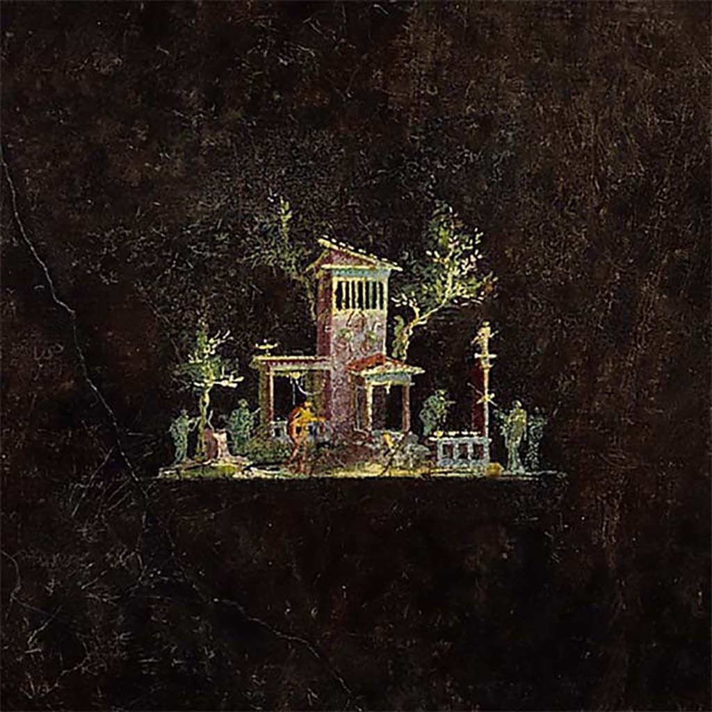 Villa of Agrippa Postumus Boscotrecase. Black room. North wall, central aedicula panel, detail of small landscape an elegant building shaded by old trees.
© Metropolitan Museum New York. Rogers Fund, 1920. Inventory number 20.192.1. 
See Notizie degli Scavi di Antichità, 1922, p. 469, fig. 8.
