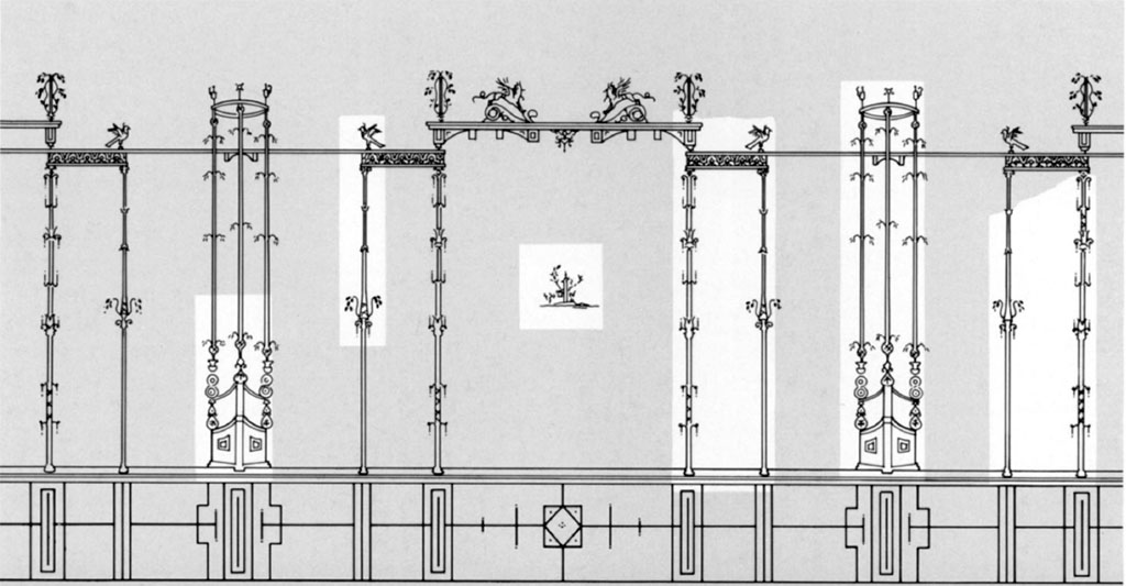 Villa of Agrippa Postumus, Boscotrecase. 1988. Room 15, drawing of east (right) wall of cubiculum.
See Anderson, M. L., 1988. The Imperial Villa at Boscotrecase in Metropolitan Museum Bulletin, 1988, p. 39.

