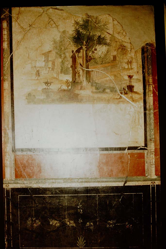 Villa Agrippa Postumus. Boscotrecase. 1957. Room 16, detail of wall painting from east wall.
Photo by Stanley A. Jashemski.
Source: The Wilhelmina and Stanley A. Jashemski archive in the University of Maryland Library, Special Collections (See collection page) and made available under the Creative Commons Attribution-Non Commercial License v.4. See Licence and use details.
J57f0512 complete wall.
