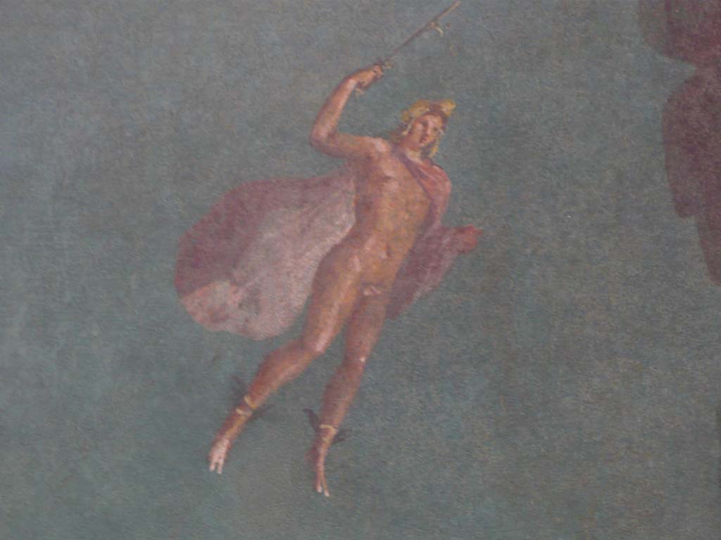 Villa of Agrippa Postumus, Boscotrecase. December 2010. Room 19, detail of Perseus, with lyre, winged shoes and cloak over shoulder. 
Photograph taken at Metropolitan Museum New York. Photo courtesy of Buzz Ferebee. 
