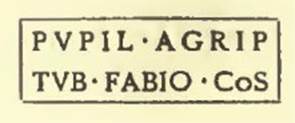 The tile provenanced (ex figlinis) Pupil(li) Agrip(pae) Tub(erone) et Fabio Co(n)s(ulibus