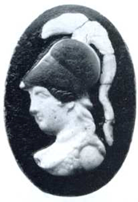 Boscotrecase, Villa of Agrippa Postumus, room “5”. Cameo bust of helmeted Minerva.
See Notizie degli Scavi di Antichità, 1922, p. 463, fig. 4.
