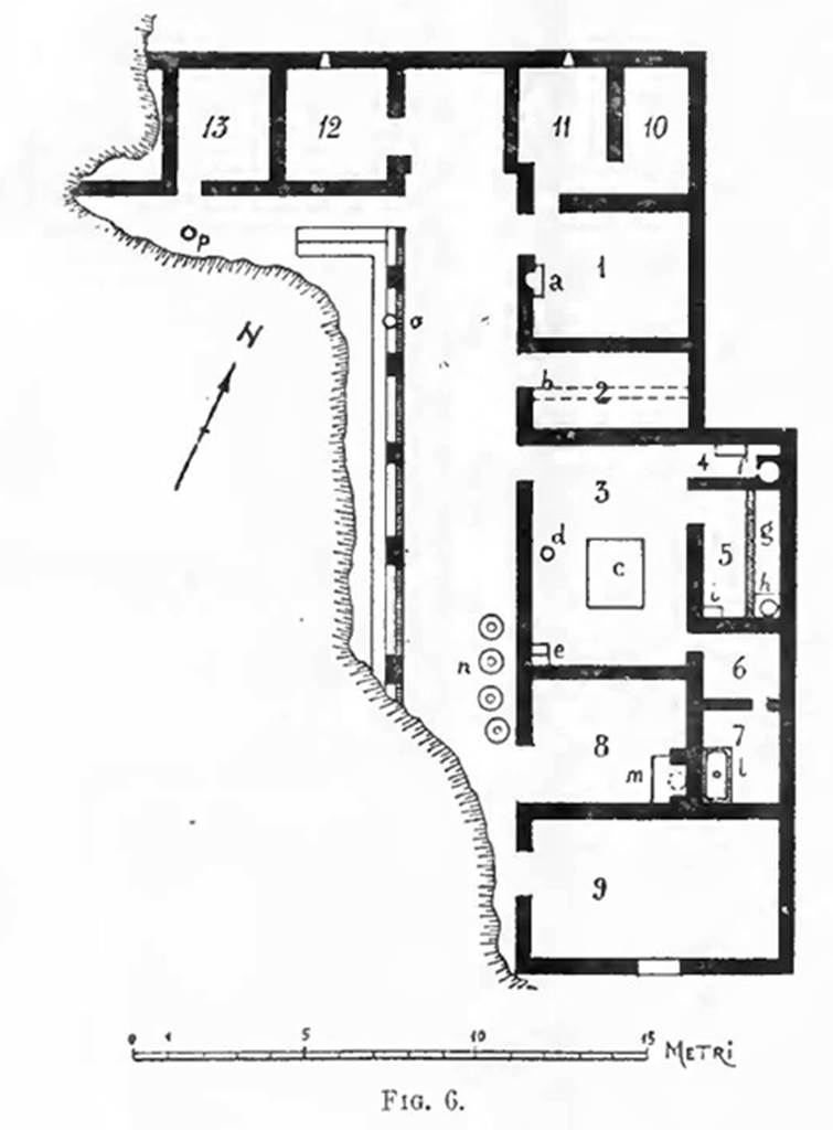 Scafati, Villa rustica in Fondo de Prisco, contrada Crapolla. 1923 Della Corte Plan.
See Notizie degli Scavi di Antichità, p.285, fig. 6.