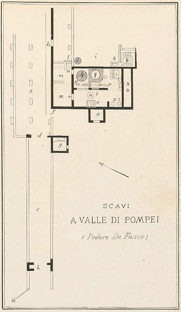 Valle di Pompei, Fondo de Fusco. 1887. Plan by Ludovico Pepe.
See Pepe L, 1887. Memorie Storiche dell’Antica Valle di Pompeii, Tav. I.
