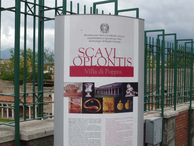 Oplontis Villa of Poppea, May 2010. SANP description notice-board by the entrance gate to the site. The ticket office is at the road level just inside the entrance gate and the villa is at a lower level.
Photo courtesy of Buzz Ferebee.
