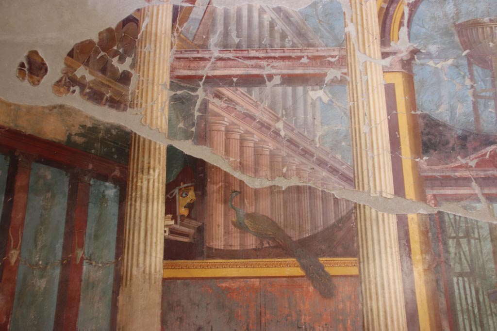 Oplontis Villa of Poppea, October 2022. Room 15, detail from painted north end of east wall. Photo courtesy of Klaus Heese.