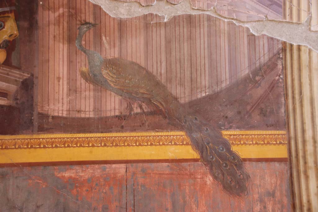 Oplontis Villa of Poppea, September 2021. Room 15, painted peacock from north end of east wall. Photo courtesy of Klaus Heese.