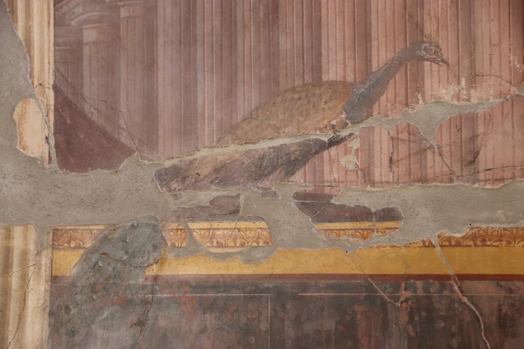 Oplontis Villa of Poppea, October 2022.  Room 15, detail of painted peacock, from south end of east wall. Photo courtesy of Klaus Heese.