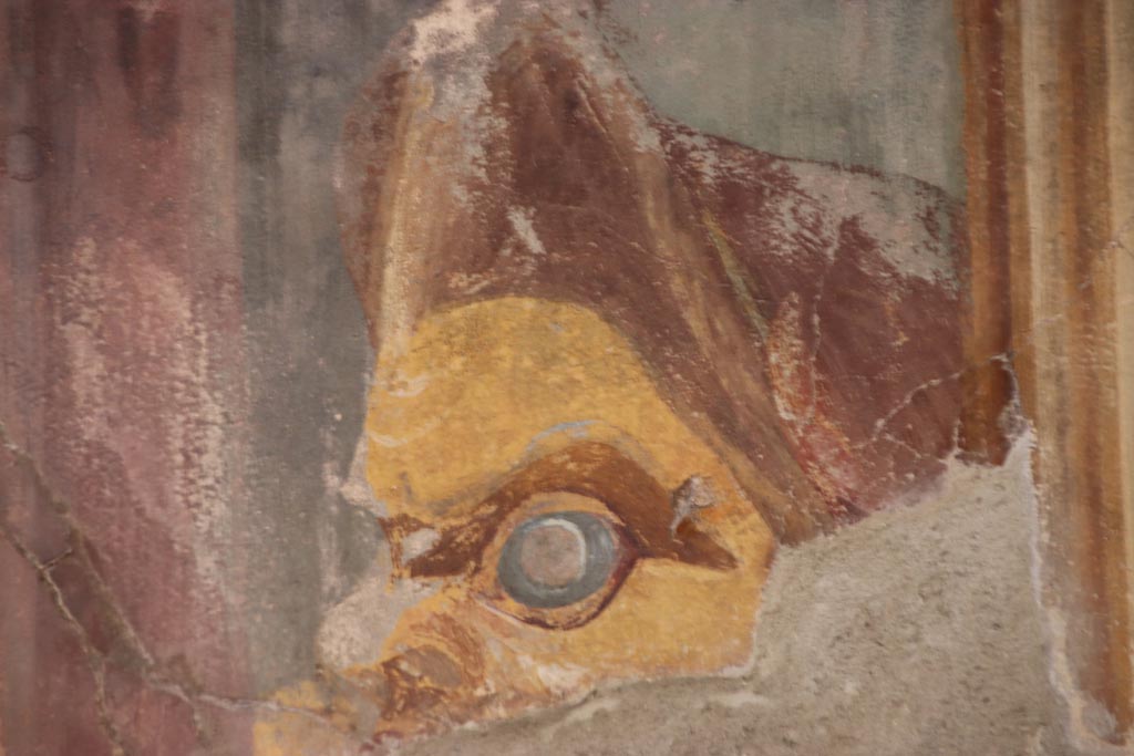Oplontis Villa of Poppea, October 2022. Room 15, detail of tragic mask, from south end of east wall. Photo courtesy of Klaus Heese.