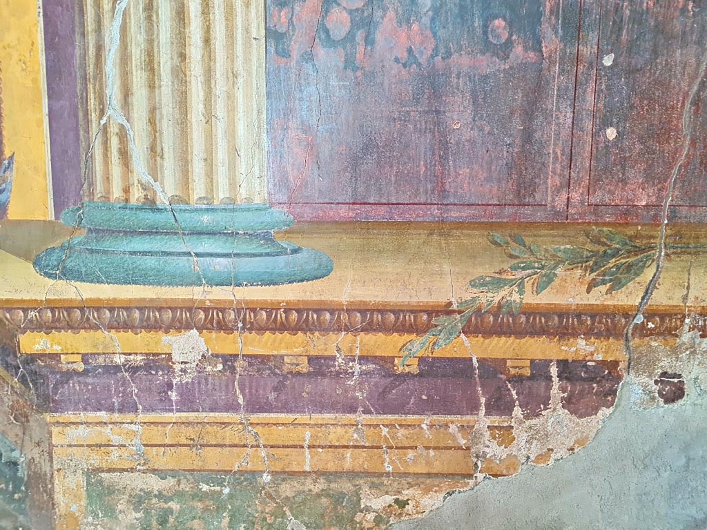Oplontis Villa of Poppea, October 2023.
Room 15, detail of painted decoration at south end of east wall on north side of doorway to room 14. Photo courtesy of Giuseppe Ciaramella.
