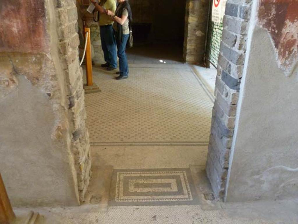 Oplontis, May 2011. Doorway from room 15 with mosaic threshold, into room 14, the triclinium. Photo courtesy of Michael Binns.
