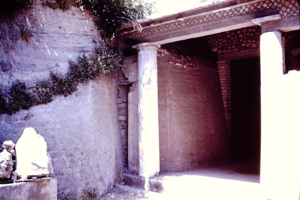 Oplontis, 1977. Area 19, south-west peristyle, not fully excavated, with doorway leading into room 15, on right.  Photo by Stanley A. Jashemski.   
Source: The Wilhelmina and Stanley A. Jashemski archive in the University of Maryland Library, Special Collections (See collection page) and made available under the Creative Commons Attribution-Non Commercial License v.4. See Licence and use details. J77f0352
