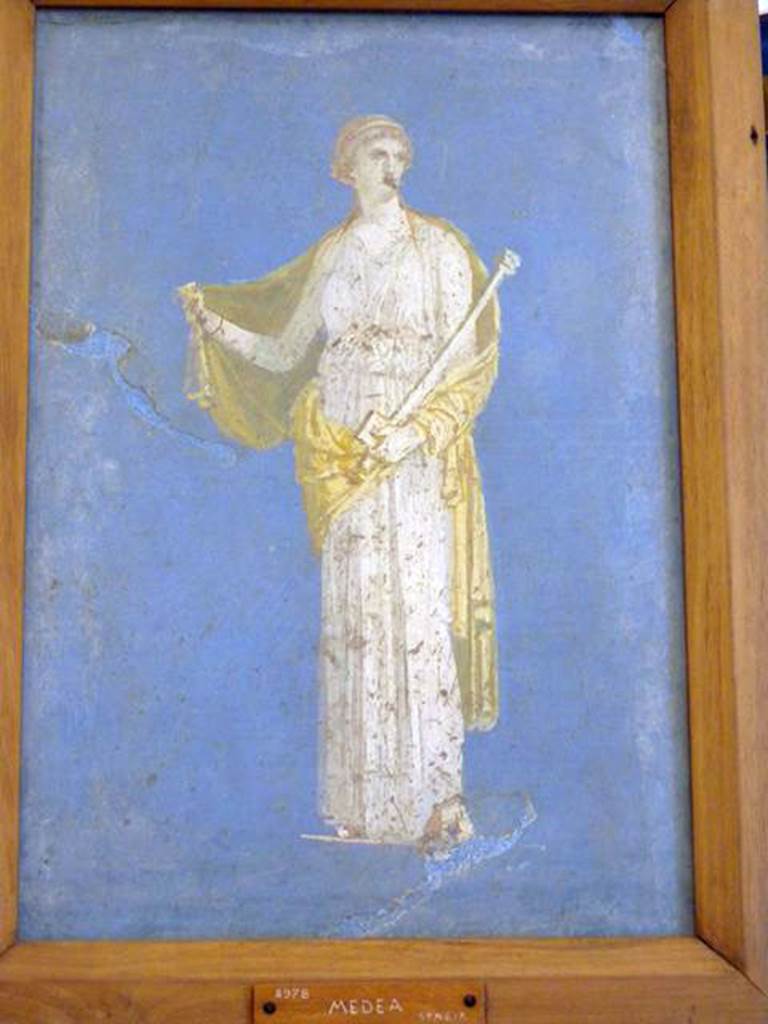 Stabiae, Villa Arianna, found 26th July 1759. Room W.26. 
Wall painting of Medea holding a sceptre and a book.
Now in Naples Archaeological Museum. Inventory number 8978.
