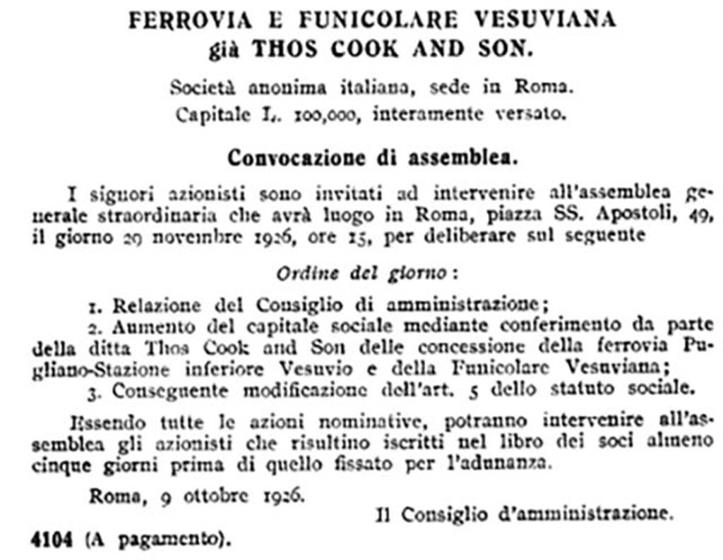 Vesuvius Funicular. 29th November 1926 notice of meeting to discuss transfer of ownership. 