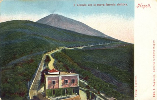 Vesuvius to Pugliano railway. Old postcard with the title “Il Vesuvio con la nuova ferrovia elettrica”. 
“Vesuvius with the new electric railway”. The railway opened in 1903.
It ran from Pugliano near the Resina mainline station to the funicular at Vesuvius.
As a result of the railway there were double the number of tourists transported to the crater.
