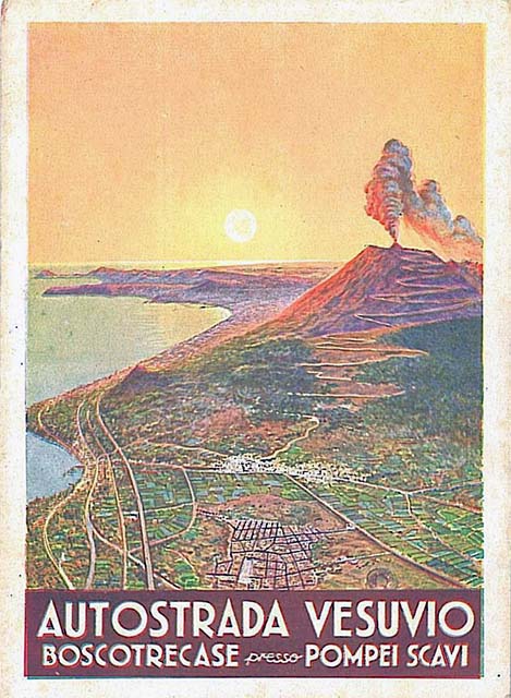 Vesuvius postcard c.1940? Autostrada Vesuvio Boscotrecase presso Pompeii Scavi.
Pompeii is at the bottom of the postcard and the winding road to the summit of Vesuvius is shown.
