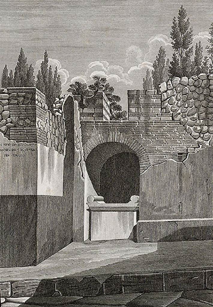 VIII.2.25 Pompeii. 1824 drawing of the street altar.
See Mazois, F., 1824. Les Ruines de Pompei : Second Partie. Paris : Firmin Didot. (Plate VI).
Overbeck has a similar drawing which he describes as "a rather handsome altar, which, in order not to obstruct or narrow the traffic on the path, which is not too wide anyway, stands modestly in a wall niche, in which above it a depiction of a sacrifice was painted or placed in relief".
See Overbeck J., 1884. Pompeji in seinen Gebäuden, Alterthümen und Kunstwerken. Leipzig: Engelmann, p. 243, fig. 133.
