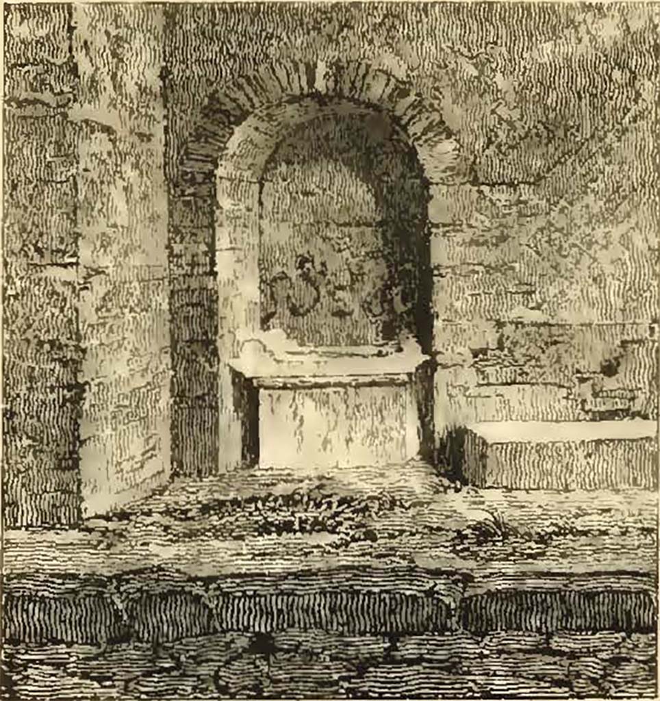 VIII.2.25 Pompeii. 1819 drawing of street altar on south side of Vicolo della Regina.
Two snakes appear to be approaching an altar, one from each side
See Gell, W, and Gandy J. P., 1819. Pompeiana. London: Rodwell and Martin, p. 195.