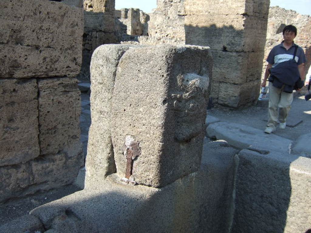 Fountain outside VI.13.7. May 2006. Looking east towards relief of head of bull or ox.