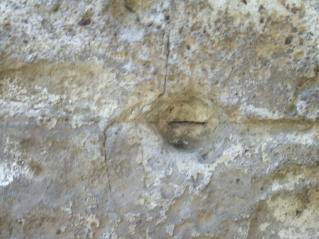 Vesuvian Gate Pompeii. May 2006. Wall to left of Tower X showing impact by war machines used by Sulla. 