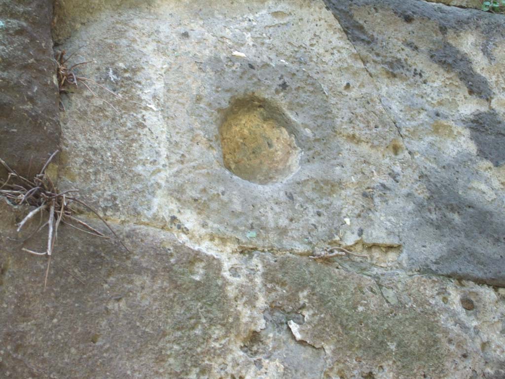 Vesuvian Gate Pompeii. May 2006. Wall to left of Tower X showing impact by war machines used by Sulla. 