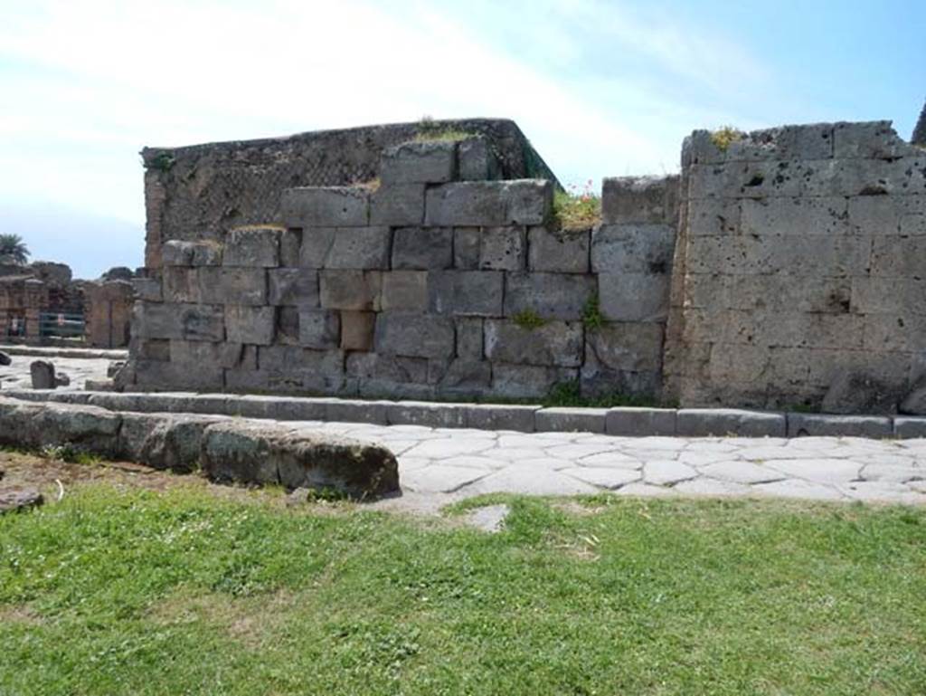 Vesuvian Gate Pompeii. May 2015. Detail of south end of west side of Vesuvian Gate, Looking west.  Photo courtesy of Buzz Ferebee.
