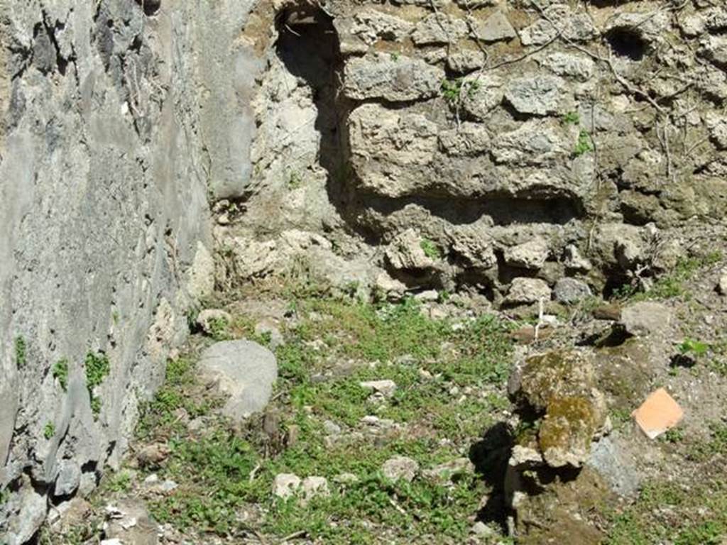 I.2.17 Pompeii. March 2009. Room 3, east wall with site of latrine and downpipe in north-east corner. 