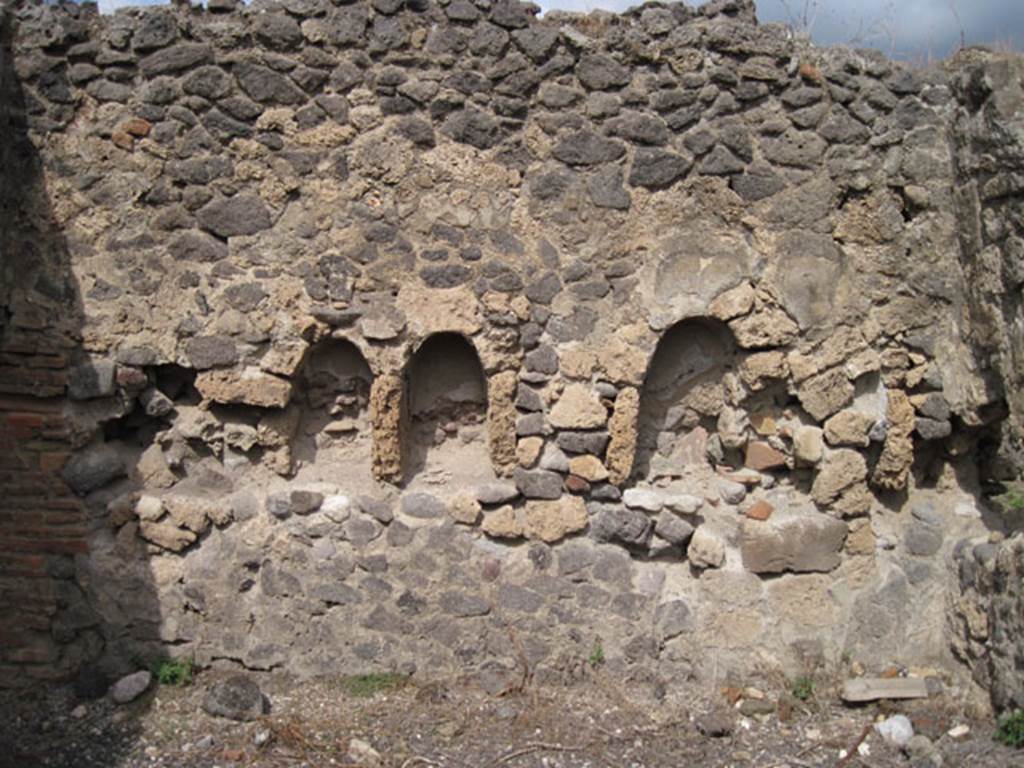 I.3.8b Pompeii. September 2010. North wall with niches. According to Fiorelli, “in the kitchen, other than the hearth, one finds two niches for the worship of the domestic gods”.
See Pappalardo, U., 2001. La Descrizione di Pompei per Giuseppe Fiorelli (1875). Napoli: Massa Editore. (p.39.  Photo courtesy of Drew Baker.
