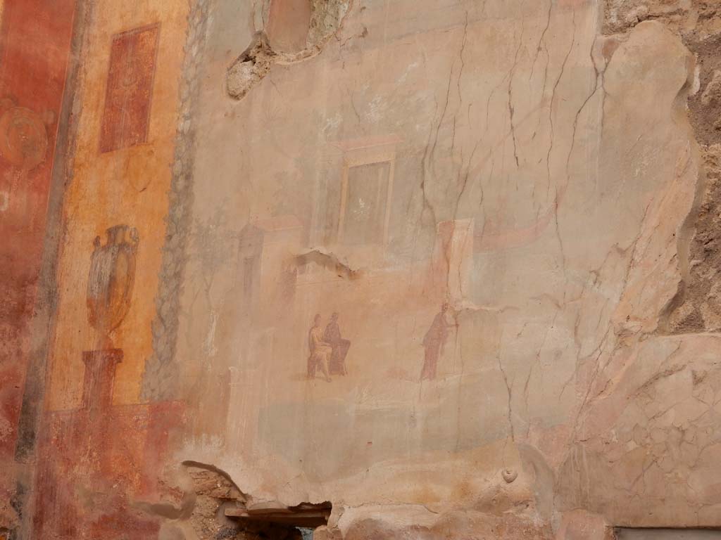 I.6.15 Pompeii. June 2019. Room 9, east wall of small garden. Detail from north end of east wall. 
Photo courtesy of Buzz Ferebee.
