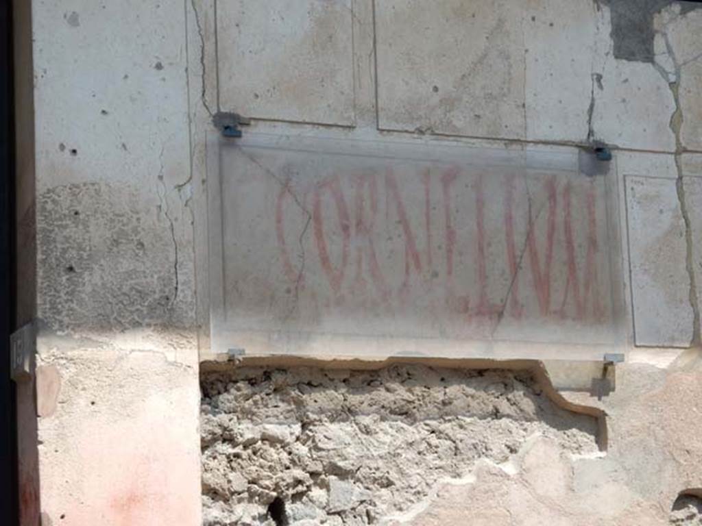 I.6.15 Pompeii. May 2015. Graffito found on front of house, to right of entrance.
C(aium)  Cornelium
aed(ilem)  Tyrsus  [ro]gat     [CIL IV 7190]
Photo courtesy of Buzz Ferebee.
