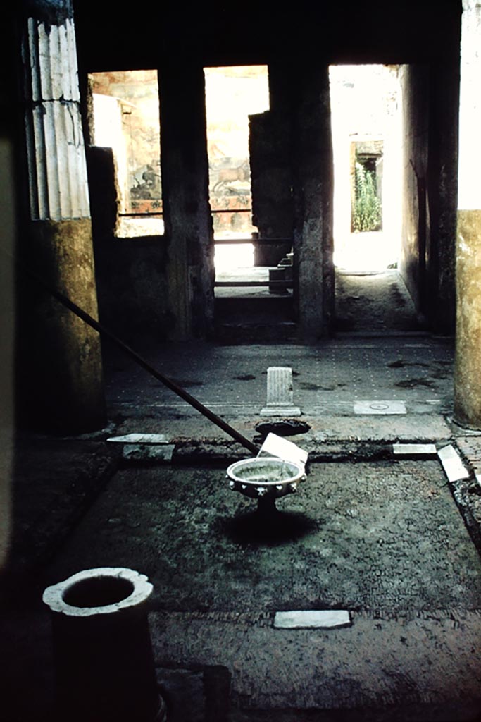 I.6.15 Pompeii. 1959. 
Room 4, looking north across tetrastyle atrium with terracotta and marble impluvium. Photo by Stanley A. Jashemski.
Source: The Wilhelmina and Stanley A. Jashemski archive in the University of Maryland Library, Special Collections (See collection page) and made available under the Creative Commons Attribution-Non-Commercial License v.4. See Licence and use details.
J59f0139
