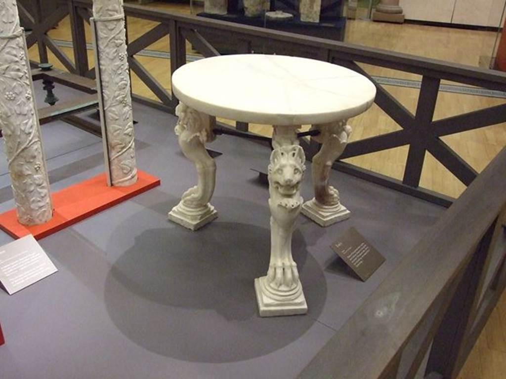 I.6.15 Pompeii. Room 4, marble table with lion legs in atrium. Found on centre of north side of impluvium. SAP inventory number 20530.
Photographed at “A Day in Pompeii” exhibition at Melbourne Museum. September 2009.
