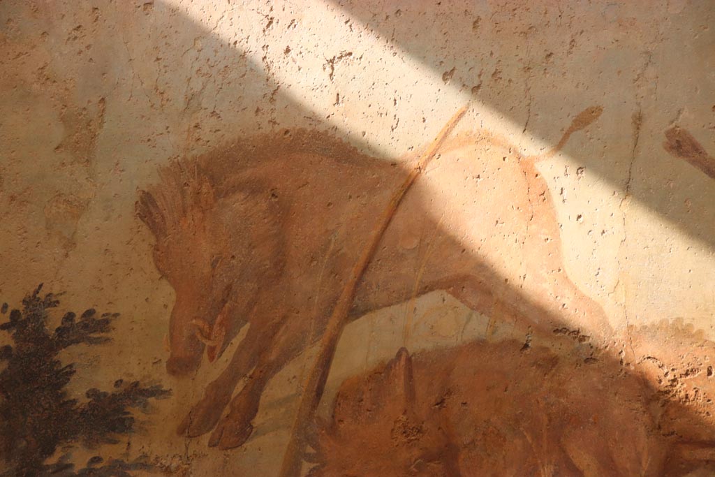 I.6.15 Pompeii. October 2023. Room 9, detail from hunt painting on north wall. Photo courtesy of Klaus Heese.