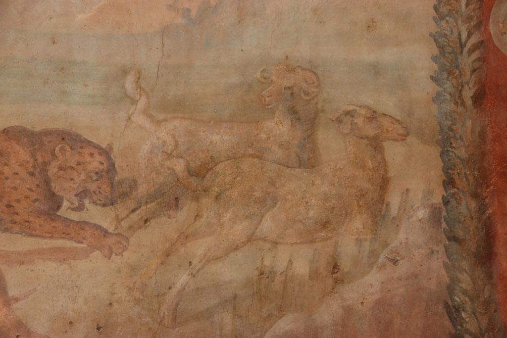 I.6.15 Pompeii. October 2023. Room 9, detail from hunt painting on north wall. Photo courtesy of Klaus Heese.