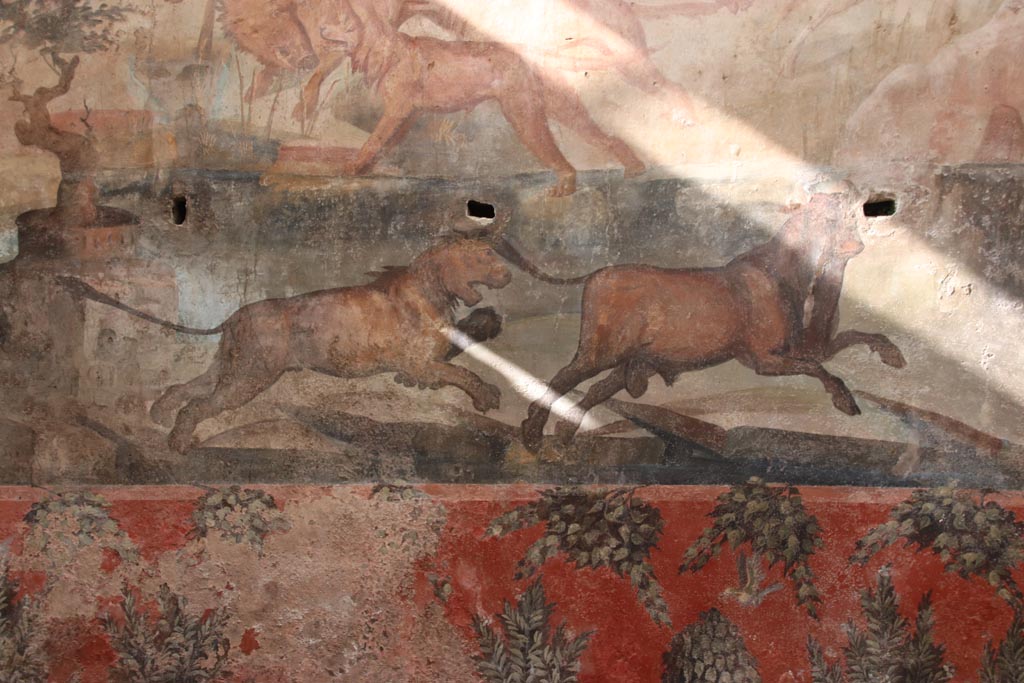 I.6.15 Pompeii. October 2023. Room 9, detail from hunt painting on north wall. Photo courtesy of Klaus Heese.