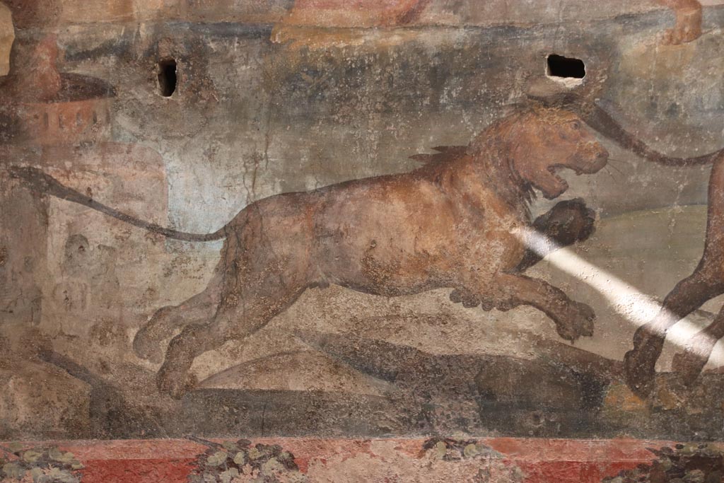 I.6.15 Pompeii. October 2023. Room 9, detail from hunt painting on north wall. Photo courtesy of Klaus Heese.