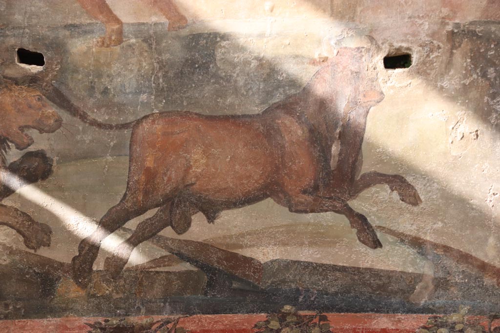 I.6.15 Pompeii. October 2023. Room 9, detail from hunt painting on north wall. Photo courtesy of Klaus Heese.