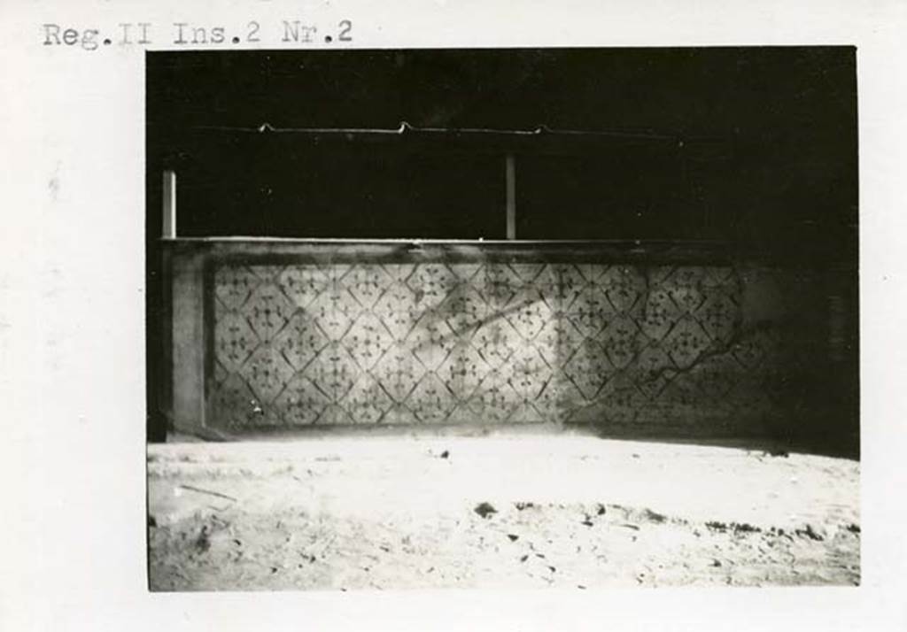 I.12.3 Pompeii, but numbered II.2.2 on photo. 1937-39. Detail of front of counter.
Photo courtesy of American Academy in Rome, Photographic Archive.
Warsher collection no. 1828a.
Insula II.2 was later renumbered to I.12.