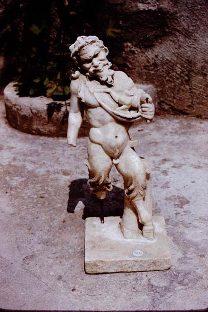 II.4.6 Pompeii, 1972. Statuette of marble satyr found at the north end of the pool.
Photo by Stanley A. Jashemski. 
Source: The Wilhelmina and Stanley A. Jashemski archive in the University of Maryland Library, Special Collections (See collection page) and made available under the Creative Commons Attribution-Non Commercial License v.4. See Licence and use details.
J72f0310
