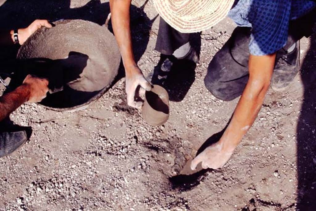 II.5 Pompeii, 1968. Pouring in the cement. Photo by Stanley A. Jashemski.
Source: The Wilhelmina and Stanley A. Jashemski archive in the University of Maryland Library, Special Collections (See collection page) and made available under the Creative Commons Attribution-Non Commercial License v.4. See Licence and use details.
J68f0745